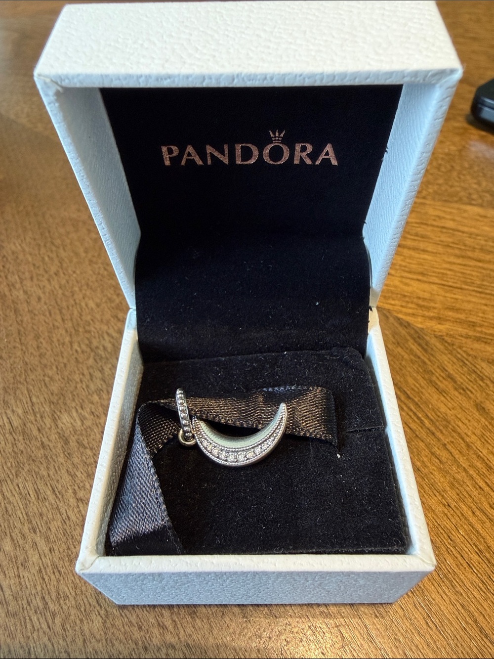 Pandora Silver Crescent Moon Pendant with White Enamel & Clear Stones